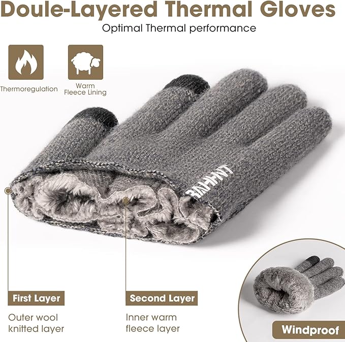 Rahhint Wool Winter Gloves Men Women Fleece lined Knit Gloves with Touchscreen Fingers Insulated Gloves Keep Hand Warm Gift