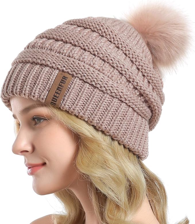 QUEENFUR Women Knit Slouchy Beanie Chunky Baggy Hat with Faux Fur Pompom Winter Soft Warm Ski Cap