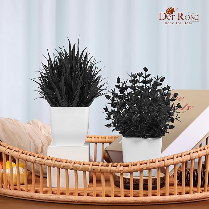Der Rose 2 Pack Small Black Fake Plants Mini Artificial Potted Plants for Halloween Decor Table Desk Home Office Black Bathroom Decor