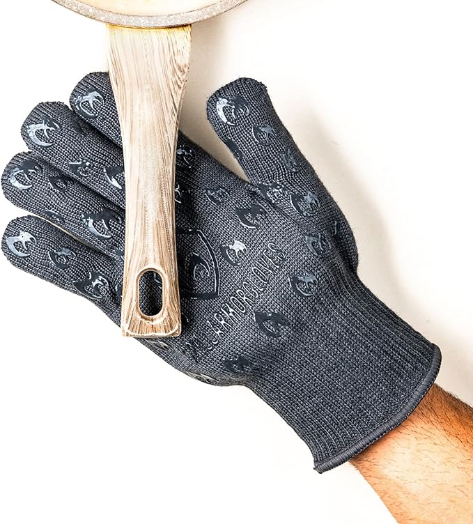 Oven Gloves with Fingers - 932°F Extreme Heat Proof and Cut Resistant Mitts for Kitchen, BBQ, Grill, Baking, Fire Pit - EN407 Certified with Non-Slip Silicone Grip and Cotton Lined for Comfort