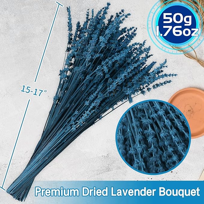 Dried Preserved Lavender Flowers Bundle, 100% Natural Dried Lavender Bouquet 15-17" for Crafts, Shower, Weeding and Home Decor, Aromatherapy, Fragrance, Fresh, Dry (Blue-1.76oz)