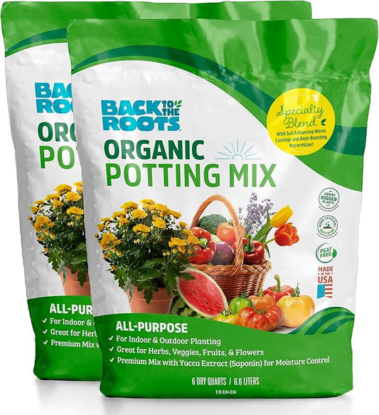 Back to The Roots All-Purpose Potting Mix 6 Quarts (Best Value), 100% Organic & USA Made for Herbs, Veggies, Flowers, w/Nutrient Rich Plant Food, Worm-Castings, & Moisture Controlling Yucca, 2 Packs