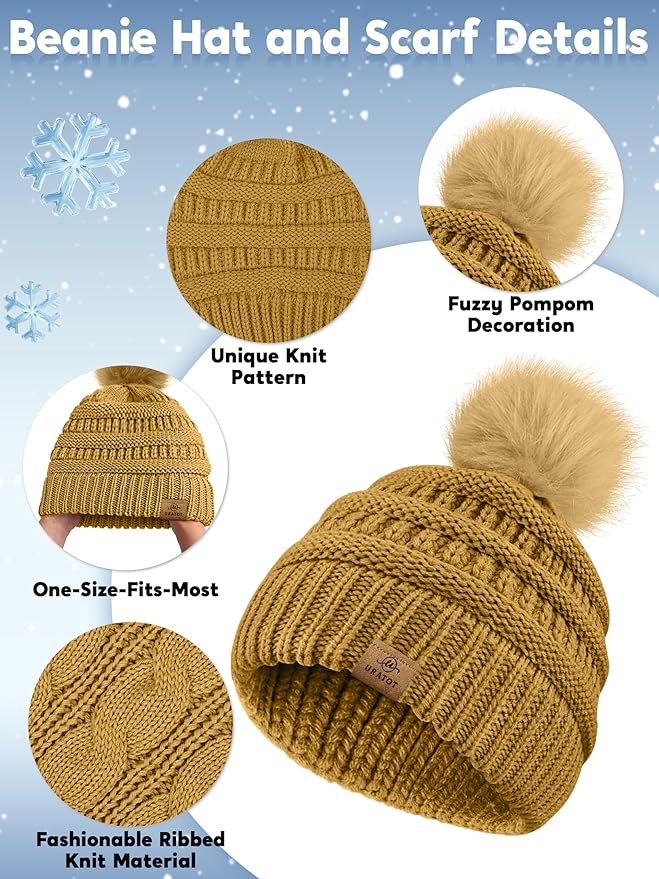 URATOT 4-In-1 Winter Warm Sets Knitted Scarf Touch Screen Gloves Beanie Pompom Hat and Winter Ear Warmer for Men or Women