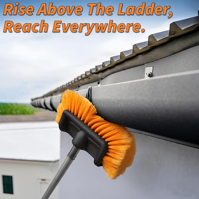 14 Foot Exterior House Cleaning Brush Set with 5-8 ft Extension Pole // Vinyl Siding Brushes with Telescopic Extendable Pole & Window Cleaning Squeegee Tool // The Ultimate Extension Scrub Brush Set