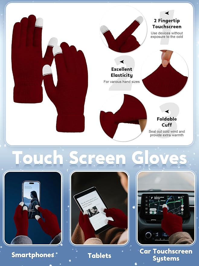 URATOT 4-In-1 Winter Warm Sets Knitted Scarf Touch Screen Gloves Beanie Pompom Hat and Winter Ear Warmer for Men or Women