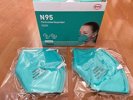 BYD Green Particulate Respirator Model DE2322 (Approval Number TC-84A-9315) 100 Pack (5-Box) w. Individually Wrapped,Breathable Disposable Foldable Safety Mask w. Head Strap & Nose Wire for Tight Fit