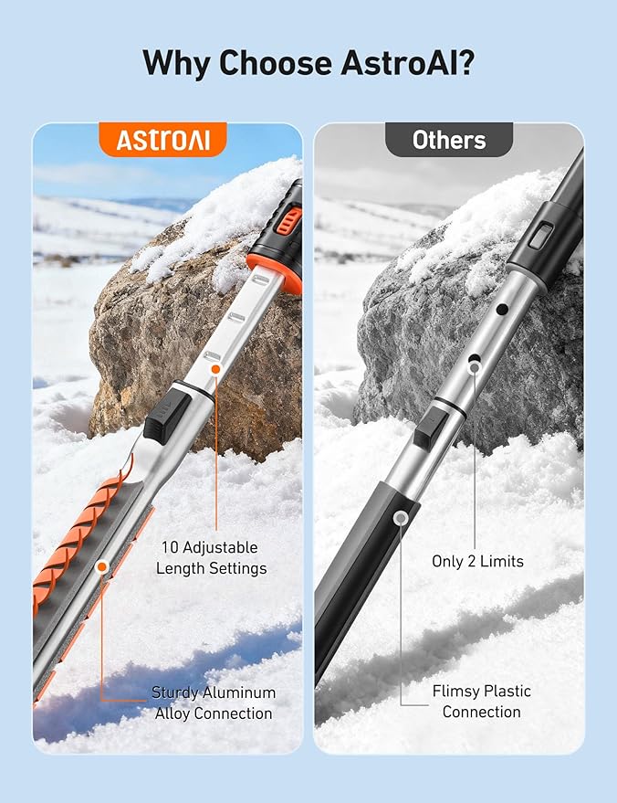 AstroAI 62.4" Ice Scrapers for Car Windshield, 3 in 1 Sturdy Snow Brush with Squeegee, 10 Adjustable Length Settings, Extendable Aluminum Handle, 180° Pivoting Snow Brush for Car, Truck, SUV(Orange)