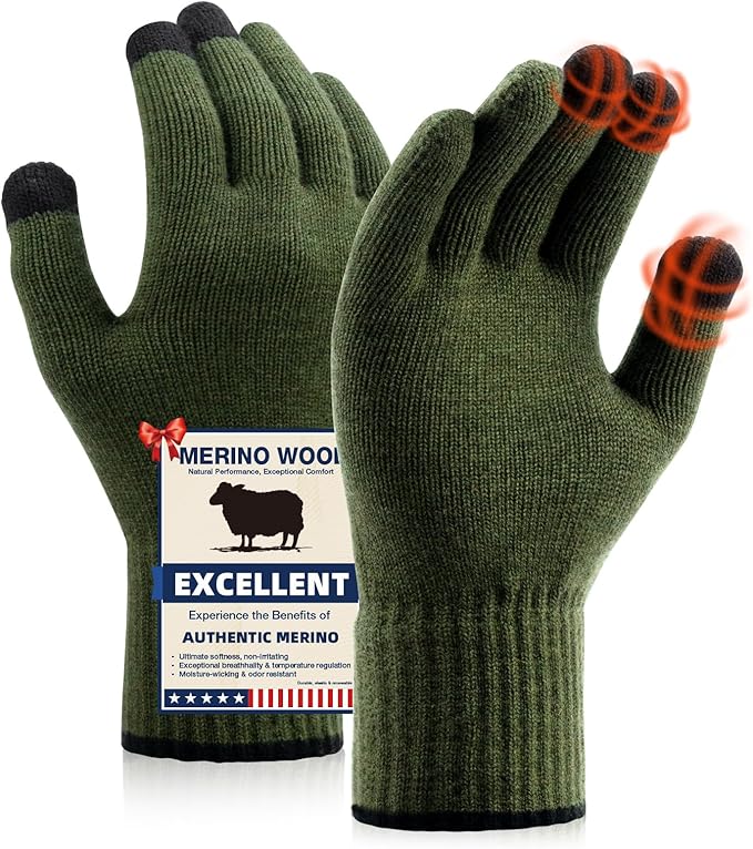 Merino Wool Gloves for Men Women, Touch Screen Warm Glove Liners Thermal Soft Knit Lining for Winter Running Hiking
