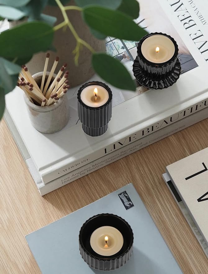 Vixdonos Taper Glass Candlestick Holders Tealight Candle Holders for Table Centerpieces, Wedding Decor and Dinner Party (3 Pcs, Black)