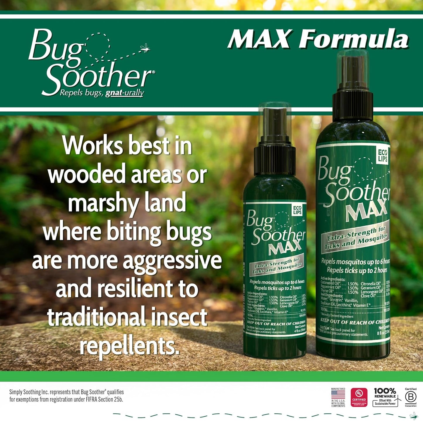 Bug Soother MAX - Extra Strength Natural Gnat, Tick, and Mosquito Repellent, 2 Pack 8 fl oz w/Free 1 oz. DEET-Free Bug Spray Deterrent - Safe for Adults & Environment - Made in USA