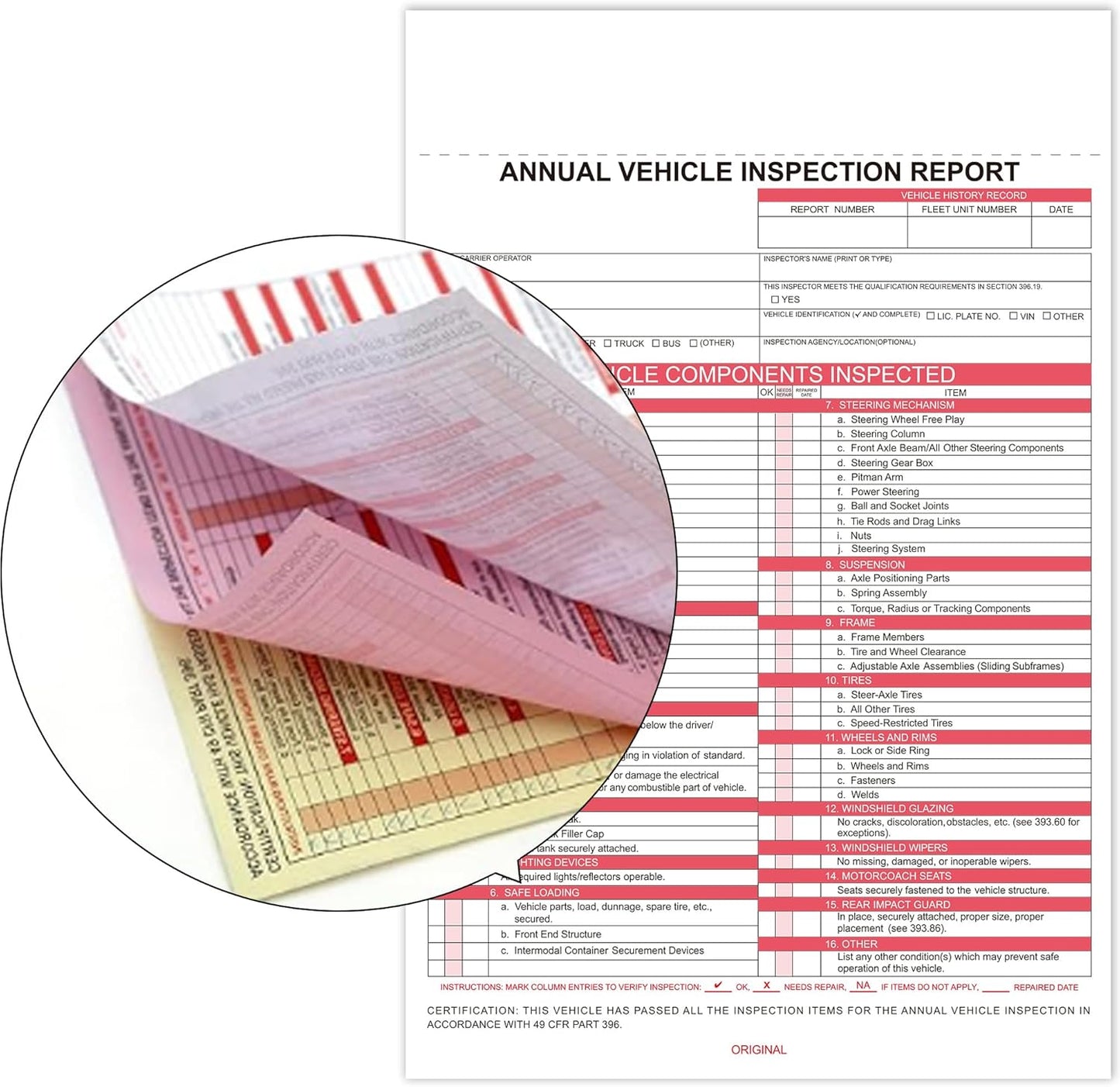 Annual Vehicle Inspection Report Form 5-pk 3-Ply Carbonless,8.5" x 11.75" + Label Aluminum,Permanent Adhesive 6" x 3.5"