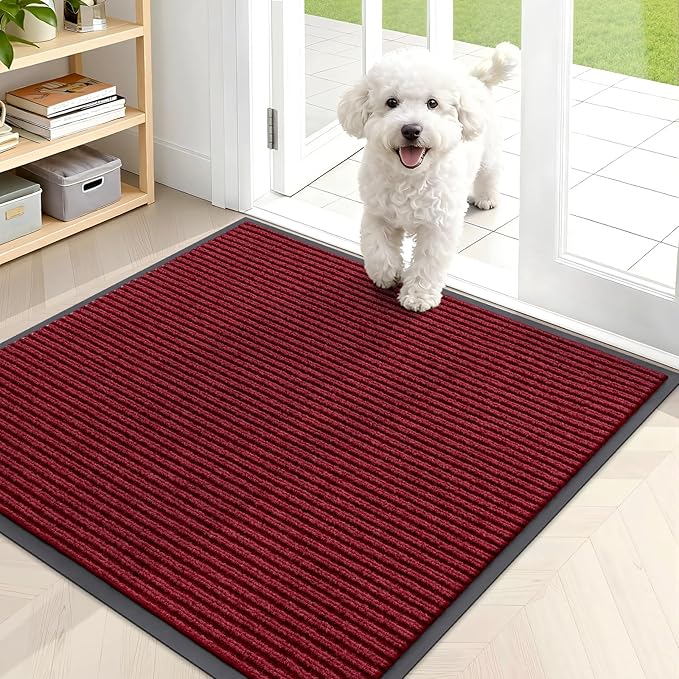 OLANLY Front Door Mat Indoor Outdoor Entrance, Waterproof Heavy Duty Doormat, Fade Resistant, Low Profile, Easy Clean Patio Porch Welcome Floor Mats for Entry, 35x30, Wine Red