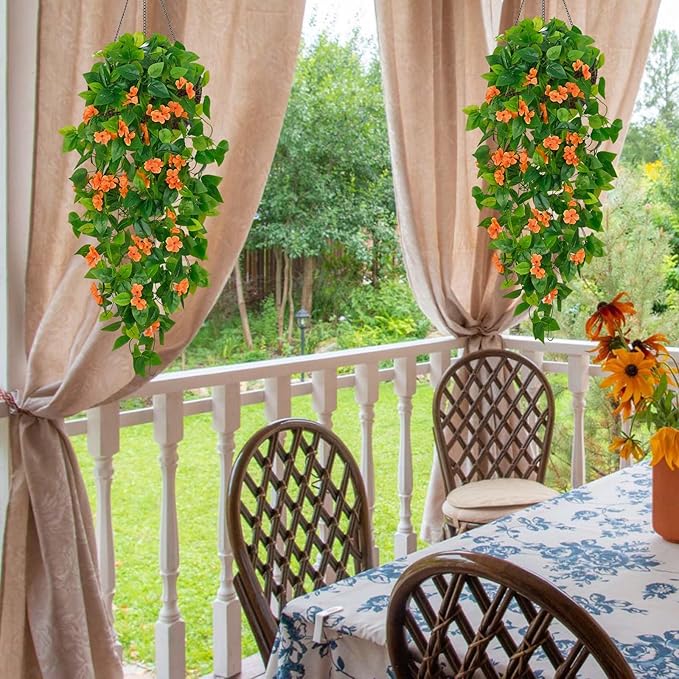 BLEUM CADE Artificial Hanging Flowers for Outdoors, 2pcs Fake Hanging Plants Pothos Vines with Orange Flowers for Wall Home Living Room Indoor Outdoor Fall Decor (No Baskets)