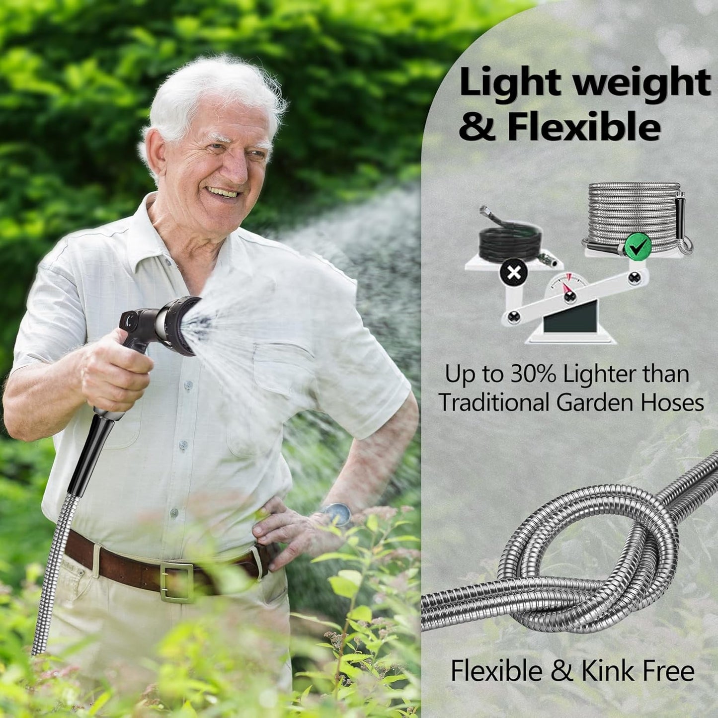 65 ft Garden Hsoe - 2025 New 304 Stainless Steel Garden Hose with 10-Function Spray Gun, 3/4'' Copper-Chrome Fittings – Lightweight, Durable, and Kink-Free, Metal Water Hoses for Gardening