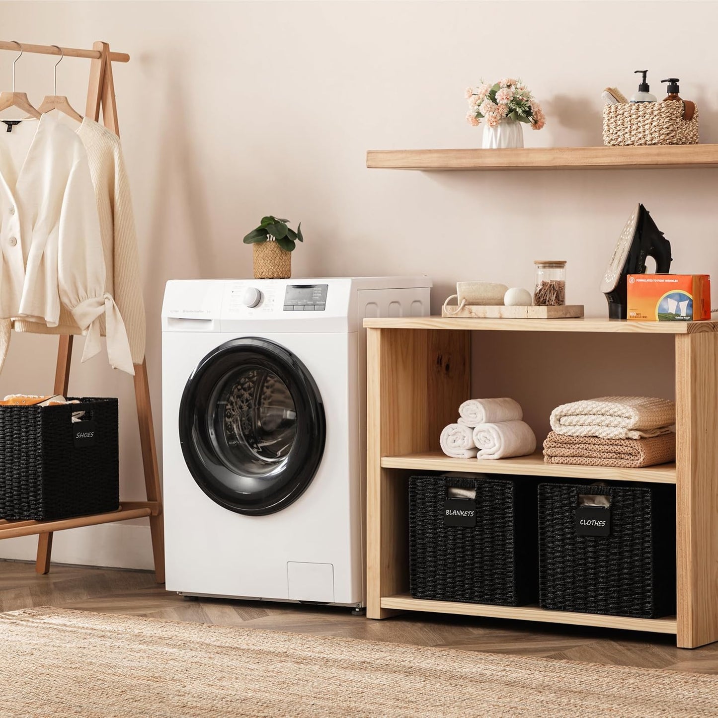 UBBCARE 2 Pack Wicker Basket, 12×12 Storage Cubes with Label, Foldable Cube Storage Bin with Handle, Square Storage Basket for Shelves, Woven Paper Rope Basket for Organizing, Black