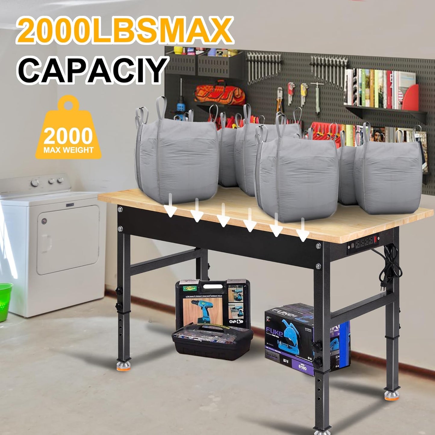 48" Adjustable Work Bench, Rubber Wood Top Workbench Heavy-Duty Work Table with Power Outlet, 2000 LBS Load Capacity Hardwood Work Benches for Garage, Workshop, Home, Office, Easy Assembly