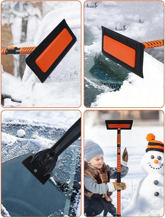 E-SDS 60” Snow Broom Ice Scraper Bendable Snow Remover for Cars with 12.2” Foam Head, Extendable Snow Brush for Car, Truck and SUV (Orange and Black)