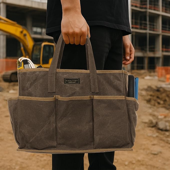 16OZ Waxed Canvas Tool Tote Bag for Garden Tools Wrench Set & Screwdrivers | 11-Pocket Garden Tool Bag with Portable Handles, Multi-Purpose Tool Storage Organizer (14"L x 5.5"W x 10.5"H) – Grey
