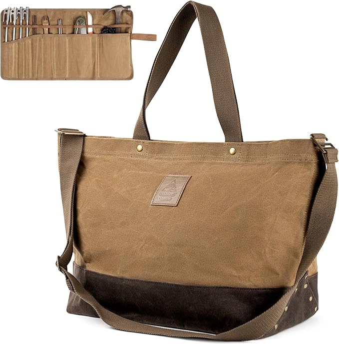 OneTigris Waxed Canvas Tool Tote Bag with Removable Tool Roll Bag, 36L Large Capacity Storage Tote Bag - Heavy Duty Canvas Bag and Tactical Camping Storage for Gardening,Camping Gear Firewood