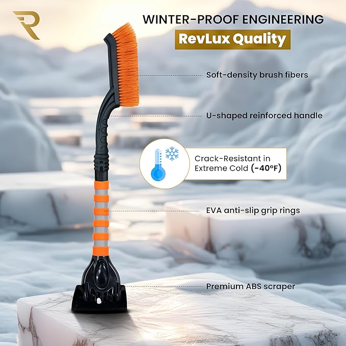 RevLux Heavy-Duty Snow Brush and Ice Scraper for Cars & SUVs | U-Shaped Reinforced Handle, Ultra-Soft Non-Scratch Bristles, Durable ABS Ice Scraper | Winter Car Snow Removal Tool | 27-Inch