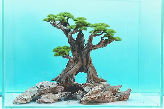 Novelsite Fish Tank Decor- Bonsai Tree of The Forest with Faux Moss- Aquarium Decoration Aquascaping- Made of Sandstone, 8.8 x 4.3 x 7.8 inches