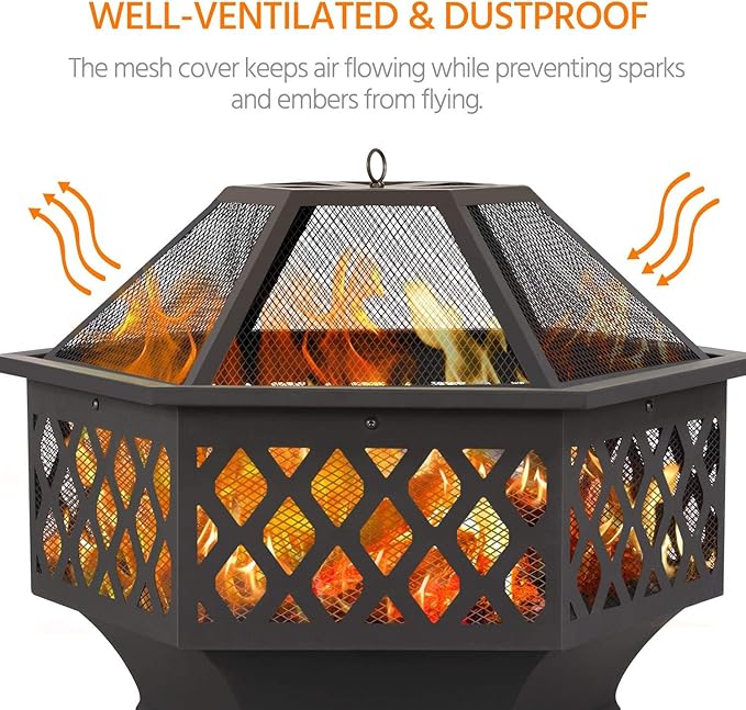 Yaheetech Fire Pit Fire Pits for Outside 24in Hex Shaped Firepit Bowl with Spark Screen & Poker for Patio Backyard Garden Picnic Bonfire Camping