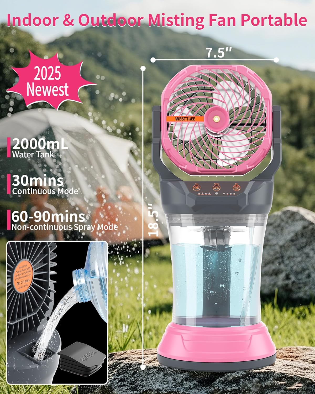 Portable Misting Fan with Large Battery Fan-Rechargeable Outdoor Misting Cooling Fans with 2L Water Tank,RGB Lights,4 Speeds & Spray Modes-for Patio, Camping, Beach, Workshop (Gray-Pink)