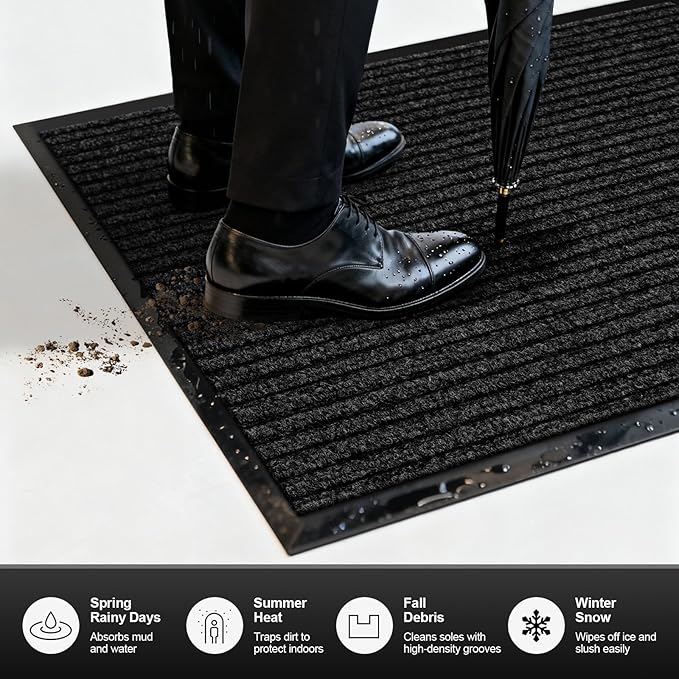 Non-Slip Waterproof Rubber Door Mat, 4' x 6' Commercial Floor Mat for High Traffic Areas, Easy Clean Low Profile Entry Rug, for Entrance, Indoor/Outdoor, Office, Patio, Garage