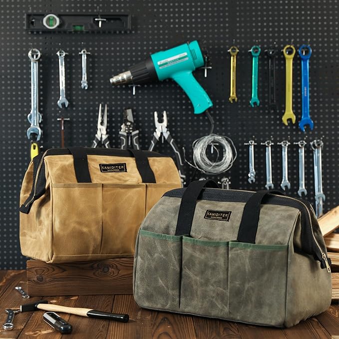 15 Inch Tool Bag, Heavy Duty Wide Mouth Water-Resistant Tool Bag, Tool Tote with Handle for Tools, Wrenches, Screwdrivers (15 X 7.8 X 11.5 inch) | ArmyGreen