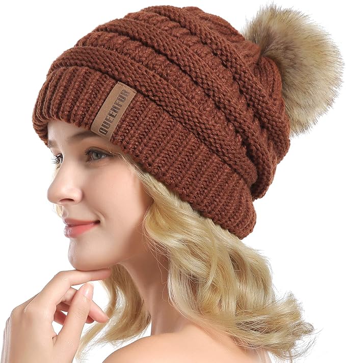 QUEENFUR Women Knit Slouchy Beanie Chunky Baggy Hat with Faux Fur Pompom Winter Soft Warm Ski Cap
