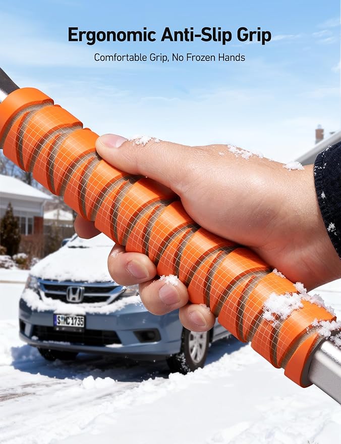 AstroAI 62.4" Ice Scrapers for Car Windshield, 3 in 1 Sturdy Snow Brush with Squeegee, 10 Adjustable Length Settings, Extendable Aluminum Handle, 180° Pivoting Snow Brush for Car, Truck, SUV(Orange)