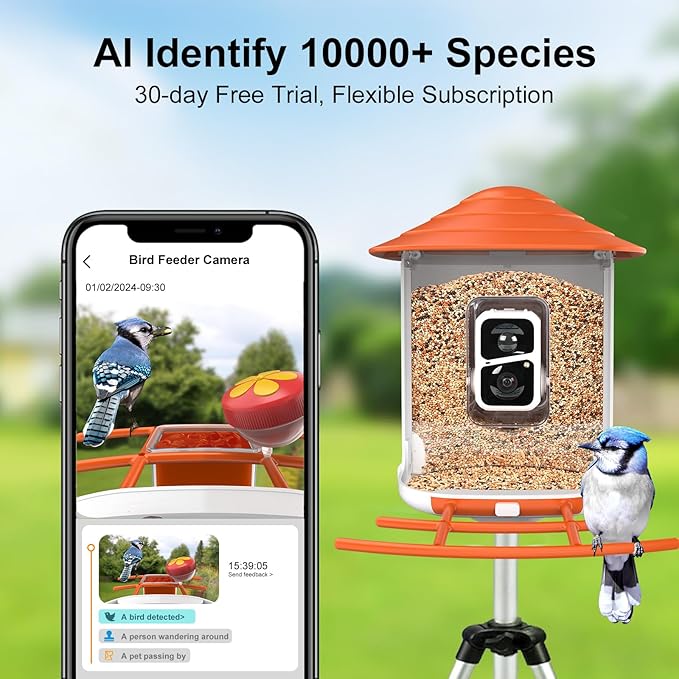 birdsnap® TUC Smart Bird Feeder with Camera 2K HD, Solar Panel 32GB Card 4-in-1 Perch, 160°View Auto Detect & Notify AI Identify Video Bird Camera Wireless Outdoors Ideal Gift for Birds Lover