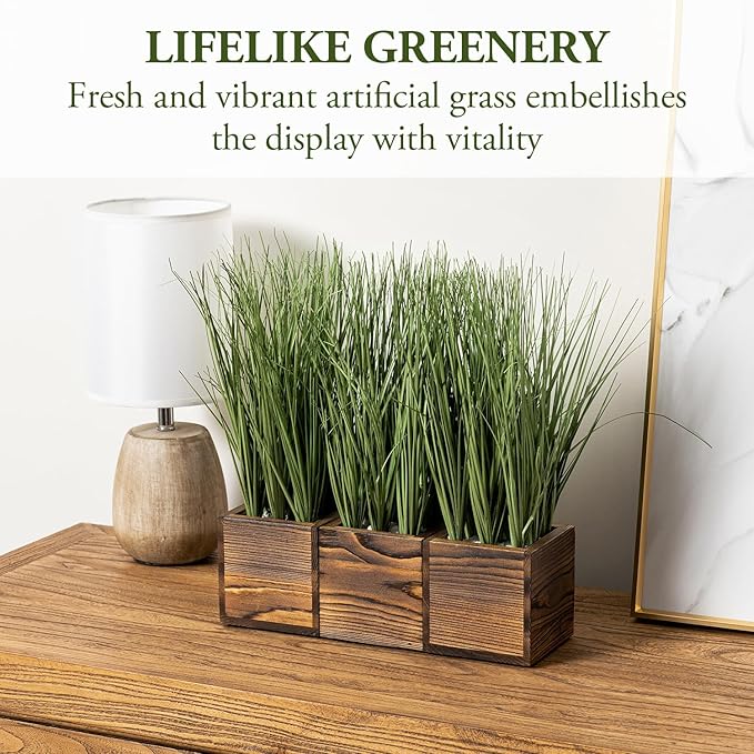 MyGift Artificial Green Grass Plants Trio in Rustic Burnt Solid Wood Planter Boxes, Faux Greenery in Decorative 4 Inch Square Wooden Containers, Set of 3