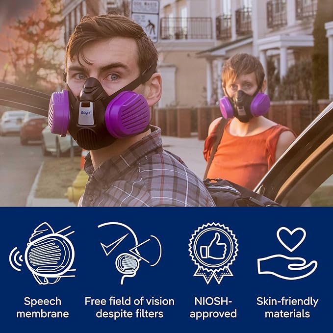Dräger X-plore 3500 half-face respirator mask with P100 particle filters against smoke particles from wildfire