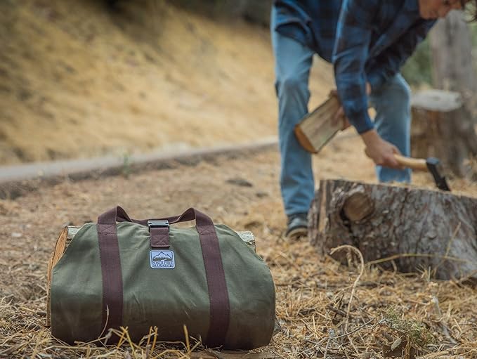 Heavy Duty Waxed Canvas Firewood Log Carrier Bag Tote – Unique Dual Handles allow Secure Comfortable grip with various load sizes. Cinch Strap holds all wood in place (Olive/Brown)