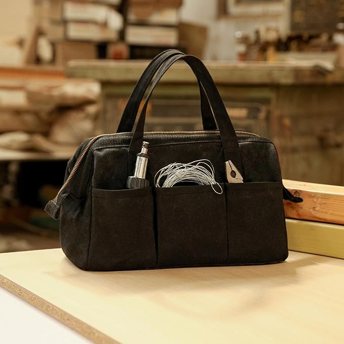 Tool Bag with Zipper, Heavy Duty 16oz Waxed Canvas Wide Mouth Tool Tote Bag, 13-inch Muti-Purpose Storage Tool Pouch with Side Pockets