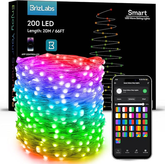 BrizLabs Smart Fairy String Lights, 66ft 200 LED WiFi Pink & White Valentine's Day Fairy Lights App Control, Dimmable Rainbow Christmas Lighting, Music Sync Xmas Lighting Work with Alexa & Google Home