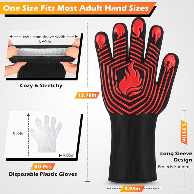 BBQ Gloves, 1472°F Heat Resistant Gloves Fireproof Mitts, Grilling Gloves Silicone Non-Slip Washable Oven Glove, Kitchen Glove for Barbecue, Grilling, Cooking, Baking, Camping, Smoker (Red)