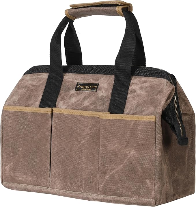 Tool Bag, 15-inch Heavy Duty 16oz Waxed Canvas Wide Mouth Water-Resistant Tool Bag, Tool Tote with Handle for Tools, Wrenches, Screwdrivers (15 X 7.8 X 11.5 inch) | Grey