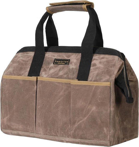 Tool Bag, 15-inch Heavy Duty 16oz Waxed Canvas Wide Mouth Water-Resistant Tool Bag, Tool Tote with Handle for Tools, Wrenches, Screwdrivers (15 X 7.8 X 11.5 inch) | Grey