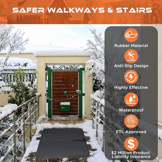 HEATIT Heated Snow Melting Mats, Heated Outdoor Rubber Mats for Entrances, Snow Melting and Ice Melting Mats for Sidewalks,Includes,Power Cable with Straight Plugt (24" X 40")