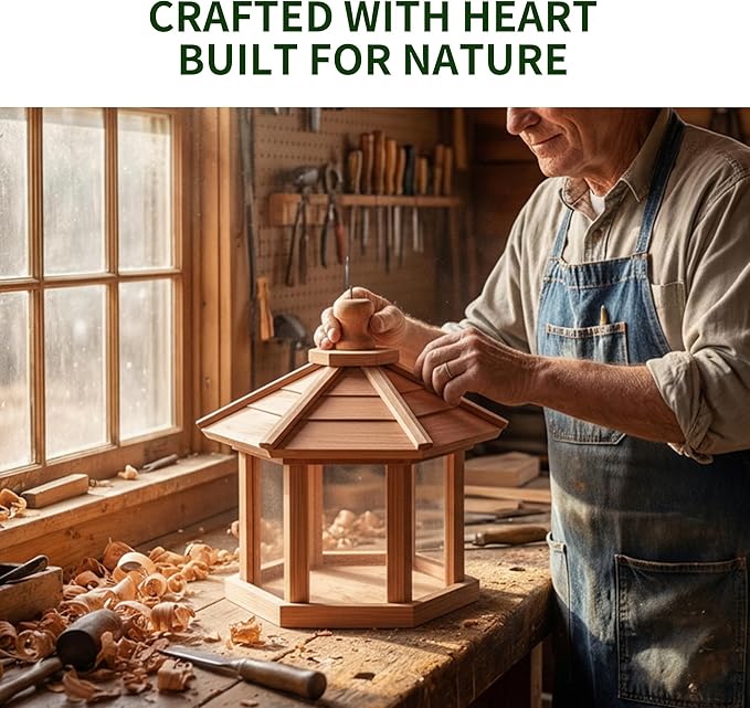 Solution4Patio Bird Feeder for Outdoors - USA Cedar Hexagon Gazebo Bird Feeders with Vented Mesh Tray, Easy-Clean & Fill Design 9.6" Dia. X 8.7" H 3.2-lb Capacity