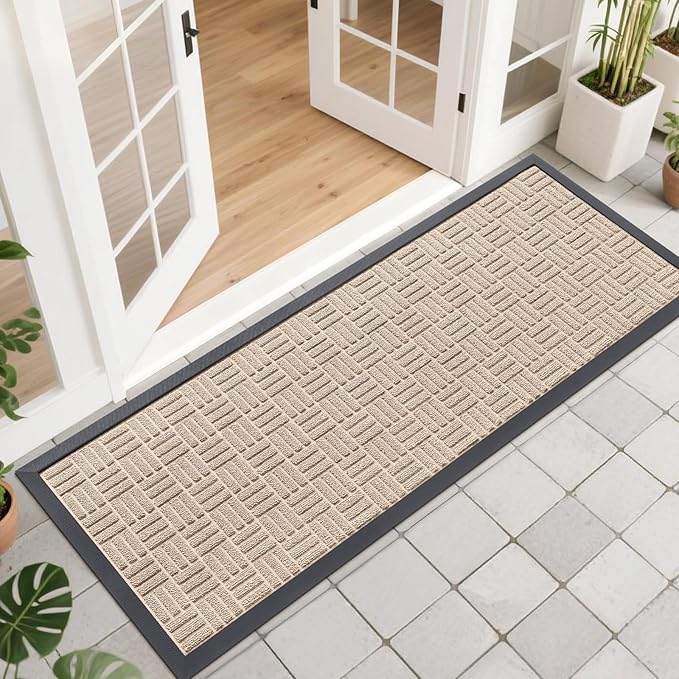 OLANLY Front Door Mat Outside Entrance 47x17, Absorbent, Heavy Duty Sturdy Natural Rubber Doormat Indoor Outdoor, Non-Slip, Stain and Fade Resistant, Low Profile Floor Mat for Entryway, Latte White
