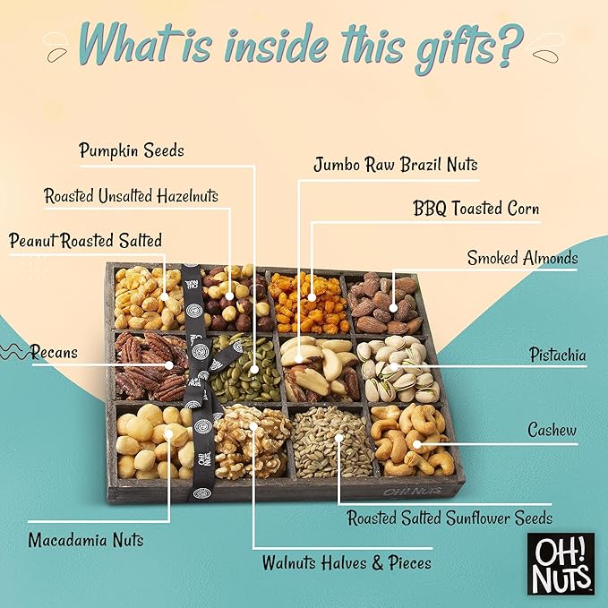 Oh! Nuts 12 Variety Nuts Gift Basket - Healthy Gift Baskets - Gourmet Assorted Nuts Tray - Gift Box for Holiday, Movie Night, Corporate, Families - Gift Ideas for Men and Women