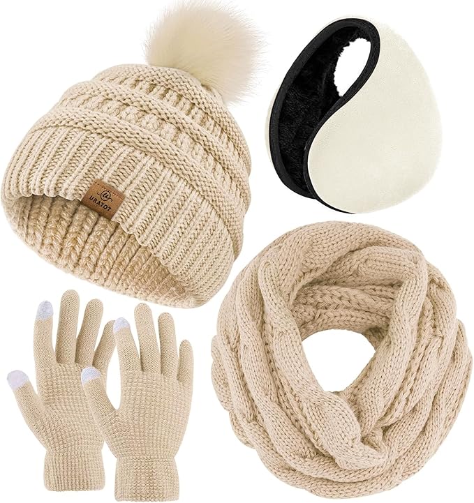 URATOT 4-In-1 Winter Warm Sets Knitted Scarf Touch Screen Gloves Beanie Pompom Hat and Winter Ear Warmer for Men or Women
