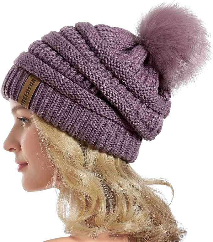 QUEENFUR Women Knit Slouchy Beanie Chunky Baggy Hat with Faux Fur Pompom Winter Soft Warm Ski Cap