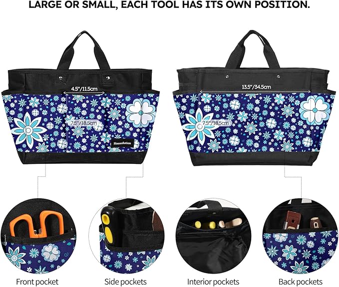 Housolution Gardening Tote Bag, Deluxe Garden Tool Storage Bag and Home Organizer with Pockets, Wear-Resistant & Reusable, 14 Inch, Blue Flowers
