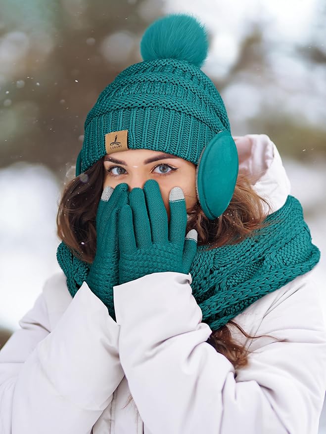 Winter Hat Scarf Gloves and Ear Warmer, Warm Knit Beanie Hat Touch Screen Gloves Set Winter Gifts Neck Scarves for Women