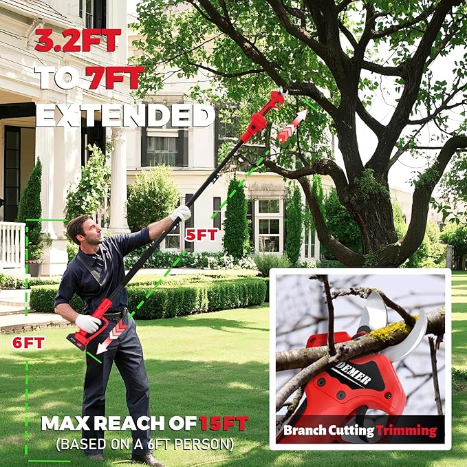 2-in-1 Pole Pruning Shears,1.2" Cutting Diameter,Cordless Electric Pruning Shears with Extension Pole,2×2.0Ah Battery Powered Pruner for Tree Trimming (2 Set Blades&Battery Charger Included)
