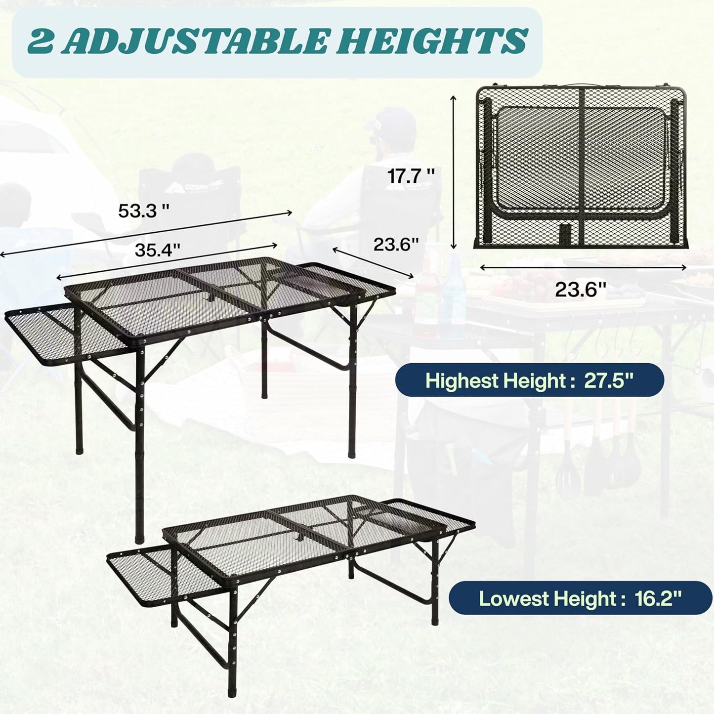 Folding Table w/ Carry Bag, Paper Towel Holder, Garbage Holder, Wing Panels, 3x2 FT Foldable Table for Portable Grill, Picnic, Outdoor, Beach, Small Folding Table Adjustable Height,Camping Table, BBQ